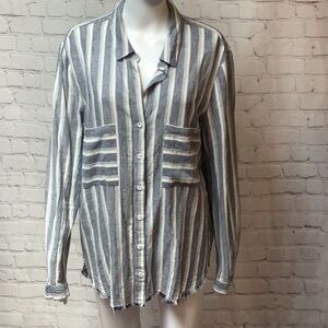 Catherine Malandrino NWT Blue Chambray Striped Fray Hem Long Sleeve Blouse Sz L